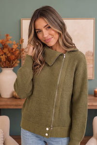 On Set Zip-Up Ribbed Sweater Jacket in Olive