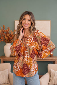 Autumn Patchwork Boho Blouse in Rust