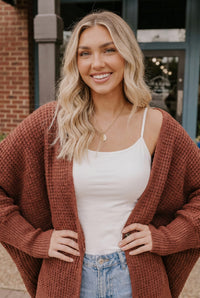 Cozy Button Front Waffle Knit Cardigan in Rust