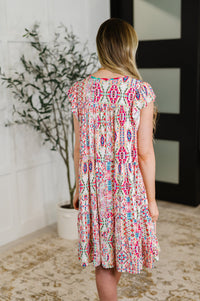 Boho and Behold Flutter Sleeve Dress in Blush/Fuchsia/Mint