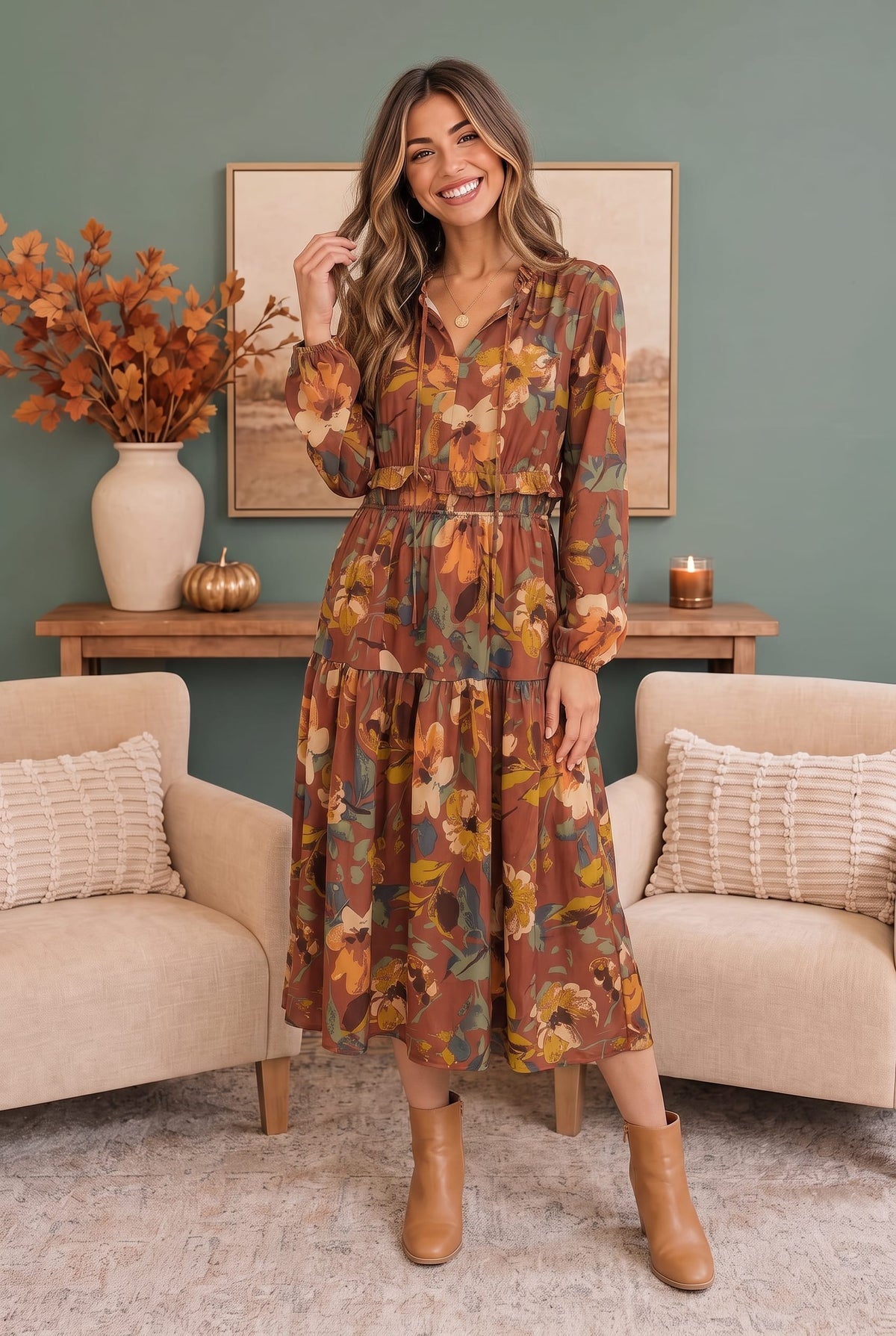 Harvest Bloom Tiered Midi Dress