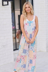 Pastel Patchwork Floral Wide Leg Overalls