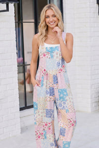 Pastel Patchwork Floral Wide Leg Overalls