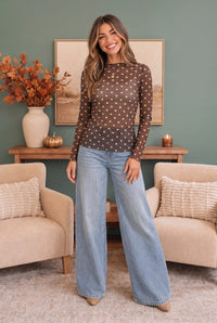 Dotted Dreams Sheer Mesh Mock Neck Top