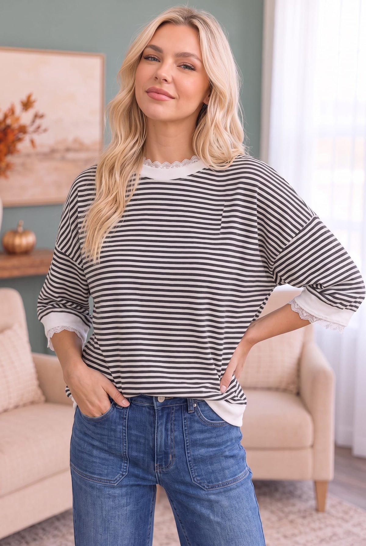 Stripe It Right Lace Trim Top