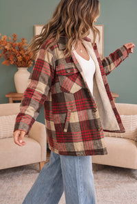 Cozy Plaid Sherpa Lined Shacket in Khaki Red