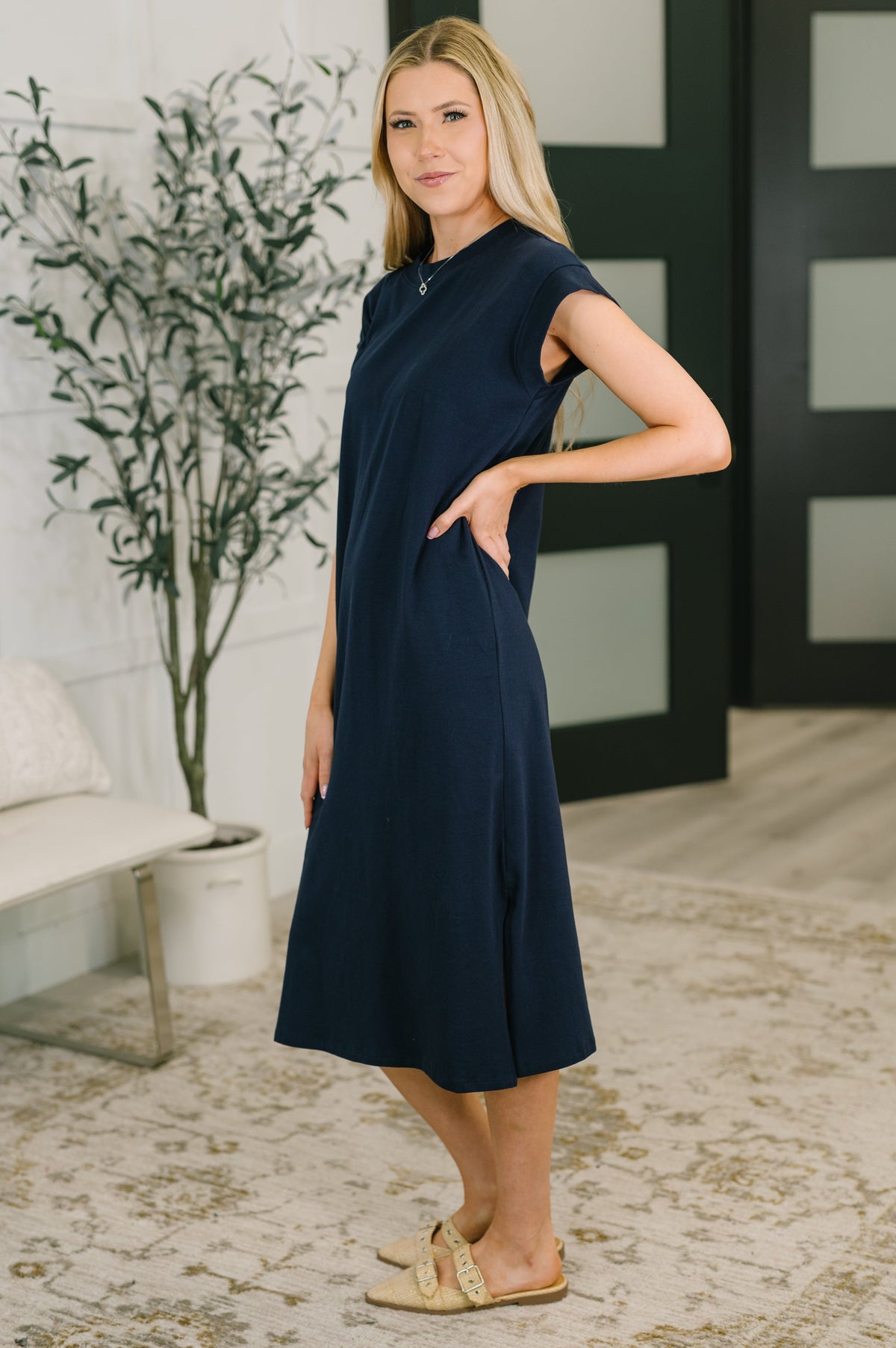knee length navy blue casual dress Navy blue cotton midi pleated dress for women available in different custom colors