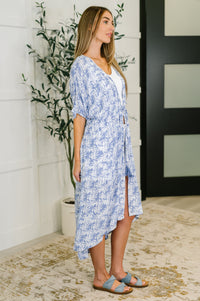Tropical Print Gauze Kimono with Elastic Waist Tie in Periwinkle